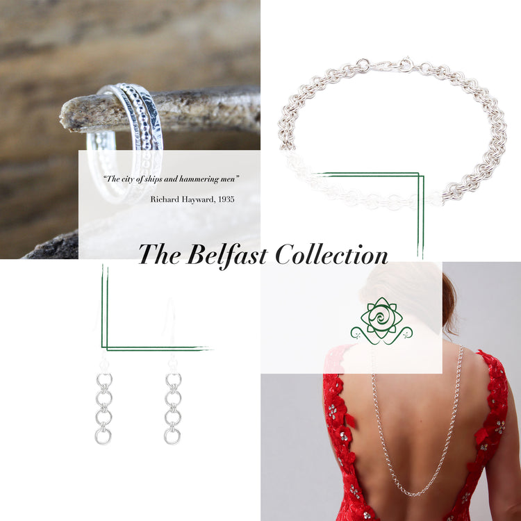 Selection of products from the Belfast Collection, including textured stacking rings, simple silver chain bracelet, Opera necklace, sterling silver solitaire.