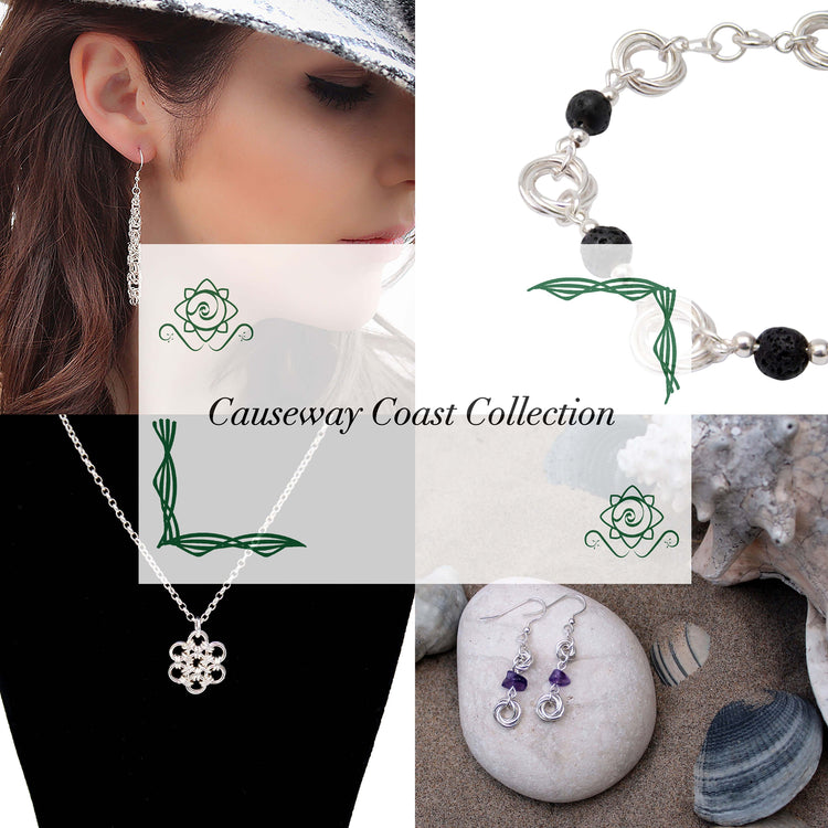Collage of images from the collection, including a sterling silver chainmail collar; sterling silver teardrop earrings; sterling silver mobius knot earrings with deep purple amethyst chips and a sterling silver rosette and lava bead bracelet. 