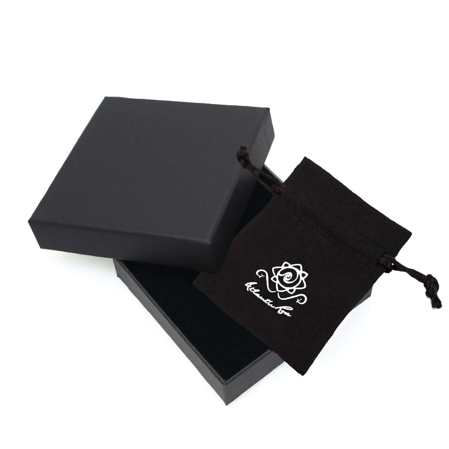 Atlantic Rose packaging : Black gift box made from recycled materials and Atlantic Rose branded black linen drawstring bag