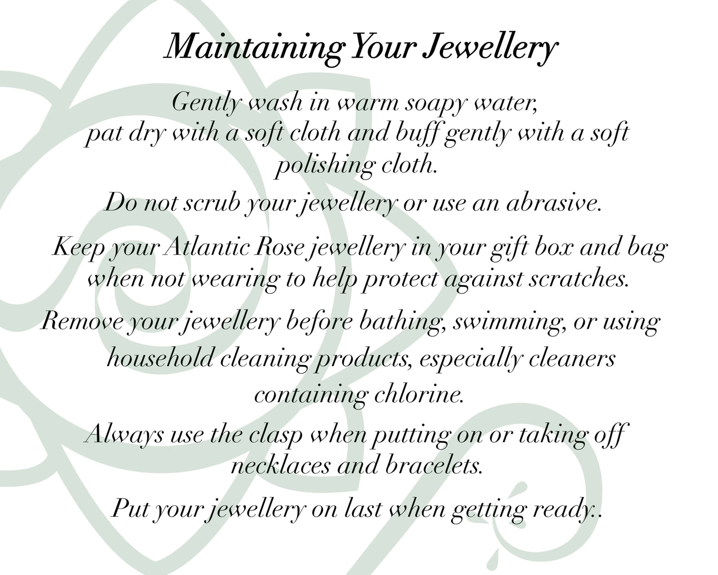 Care Instructions for jewellery by Atlantic Rose